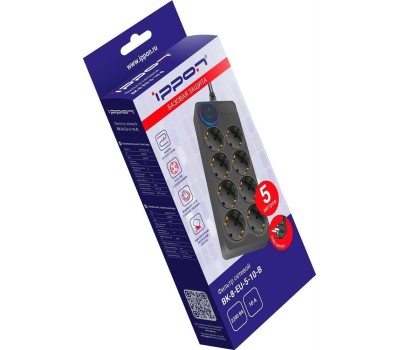 Сетевой фильтр IPPON Сетевой фильтр BK-8-EU-5-10-B, 5м, черный