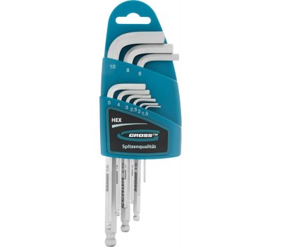 Набор ключей GROSS Набор ключей имбусовых HEX, 1.5-10 мм, S2, 9 шт, удлиненные с шаром, сатинированные 16403