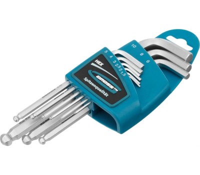 Набор ключей GROSS Набор ключей имбусовых HEX, 1.5-10 мм, S2, 9 шт, удлиненные с шаром, сатинированные 16403