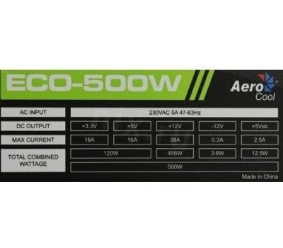 Aerocool 500W Retail ECO-500W ATX v2.3 Haswell, fan 12cm, 400mm cable, power cord, 20+4P, 12V 4P, 1x PCI-E 6P, 3x SATA, 2x PATA, FDD