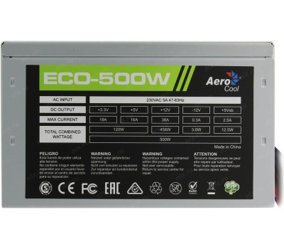 Aerocool 500W Retail ECO-500W ATX v2.3 Haswell, fan 12cm, 400mm cable, power cord, 20+4P, 12V 4P, 1x PCI-E 6P, 3x SATA, 2x PATA, FDD
