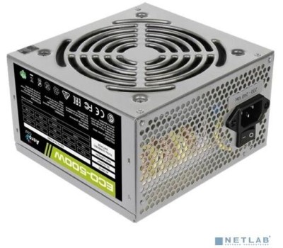 Aerocool 500W Retail ECO-500W ATX v2.3 Haswell, fan 12cm, 400mm cable, power cord, 20+4P, 12V 4P, 1x PCI-E 6P, 3x SATA, 2x PATA, FDD