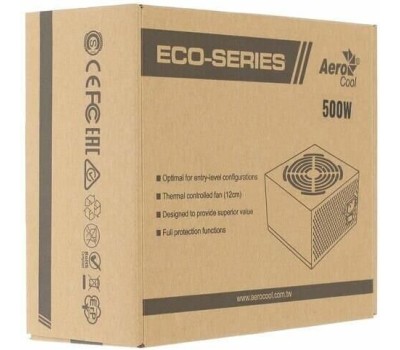 Aerocool 500W Retail ECO-500W ATX v2.3 Haswell, fan 12cm, 400mm cable, power cord, 20+4P, 12V 4P, 1x PCI-E 6P, 3x SATA, 2x PATA, FDD