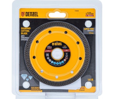 Алмазный диск DENZEL Диск алмазный отрезной 125 х 22,2мм, сплошной, супертонкий, горячий пресс, сухой/мокрый рез 73058