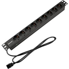 REXANT Блок распределения питания PDU горизонтальный 1U 9 розеток СЕЕ 7/4 Schuko 10A без выкл алюм корп шнур 2м вилка C14 черный