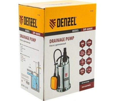 Дренажный насос DENZEL Дренажный насос DP600X, 600 Вт, подъем 7,5 м, 8500 л/ч 97220