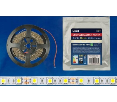 Светодиодная лента UNIEL (UL-00004374) ULS-M25-5050-60LED/m-10mm-IP20-DC12V-14,4W/m-5M-3000K PROFI катушка в герметичной упаковке