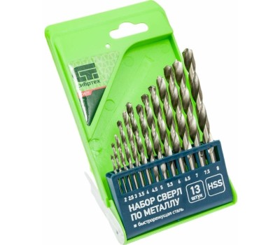 Набор сверл СИБРТЕХ Набор сверл по металлу, 2-8 мм, (через 0.5 мм) HSS 13 шт, пластиковая коробка, цилиндрический хвостовик 723877