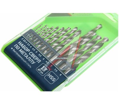 Набор сверл СИБРТЕХ Набор сверл по металлу, 2-8 мм, (через 0.5 мм) HSS 13 шт, пластиковая коробка, цилиндрический хвостовик 723877