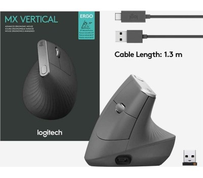 LOGITECH Мышь беспроводная MX Vertical, Bluetooth/Радио, вертикальная, оптическая, USB, 4000dpi, черный и серебристый [910-005449]