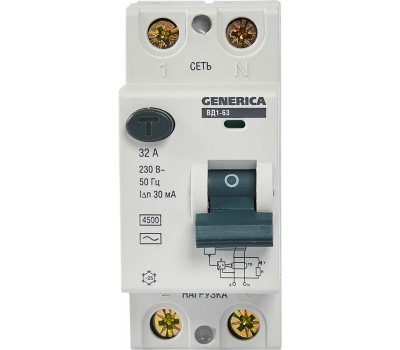 IEK Выключатель дифф. тока (УЗО) ВД1-63 Generica (MDV15-2-032-030) 32A 4.5кА 2П 230В 2 модуля серый (упак.:1шт)