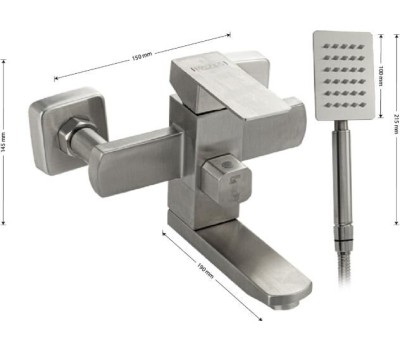 МАГНУС - Смеситель для ванны, короткий излив, шаровый, квадратный корпус, из нержавеющей стали марки 304, цвет САТИН. 9226