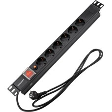 REXANT Блок распределения питания PDU горизонтальный 1U 6 розеток СЕЕ 7/4 Schuko 16A фильтр выкл алюм корп шнур 2м вилка СЕЕ 7/7 Schuko черный
