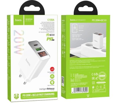 СЗУ HOCO (6931474769824) C100Aaa 1USB+1Type-C 3.0A QC3.0 PD 20W , White