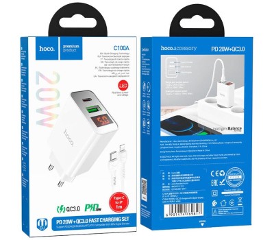 СЗУ HOCO (6931474769824) C100Aaa 1USB+1Type-C 3.0A QC3.0 PD 20W , White