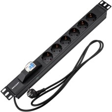 REXANT Блок распределения питания PDU горизонтальный 1U 6 розеток СЕЕ 7/4 Schuko 16A автомат защиты алюм корп шнур 2м вилка СЕЕ 7/7 Schuko черный