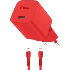 TTEC Сетевое зарядное устройство SmartCharger GAN 45W AVS PD Travel Fast Charger с кабелем USB-C - USB-C 3A. Длина кабеля: 120см. Цвет: неоновый красный