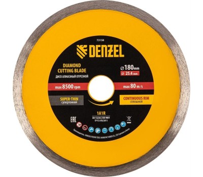 Алмазный диск DENZEL Диск алмазный сплошной, супертонкий, 180 х 25,4 мм, горячее прессование, мокрое резание 73158