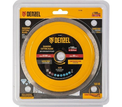 Алмазный диск DENZEL Диск алмазный сплошной, супертонкий, 180 х 25,4 мм, горячее прессование, мокрое резание 73158