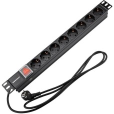 REXANT Блок распределения питания PDU горизонтальный 1U 8 розеток СЕЕ 7/4 Schuko 16A выкл алюм корп шнур 2м вилка СЕЕ 7/7 Schuko черный