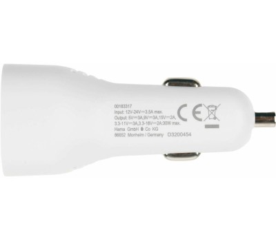 HAMA Автомобильное зарядное устройство H-183317, USB-C, 8-pin Lightning, 30Вт, 3A, белый [00183317]