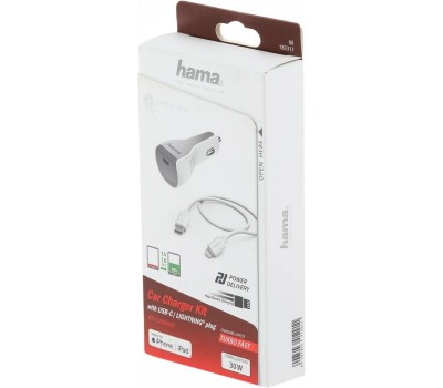 HAMA Автомобильное зарядное устройство H-183317, USB-C, 8-pin Lightning, 30Вт, 3A, белый [00183317]