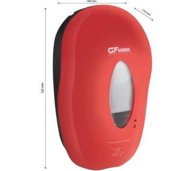 GFmark - Дозатор СЕНСОРНЫЙ, для жидкого МЫЛА , модель КОКОН с окошком, пластик АБС, КРАСНЫЙ, с датчиком объёма жидкости и уровня заряда батарей, 1000 мл 724