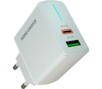 СЗУ MORE CHOICE (4620202551252) NC61a White - 1USB+1USB-C 3.0A PD 20W+QC3.0 быстрая зарядка для Type-C