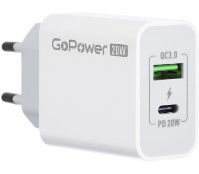 GOPOWER Зарядное устройство 1USB+1TYPE-C 20W QC3.0 00-00028401 WHITE