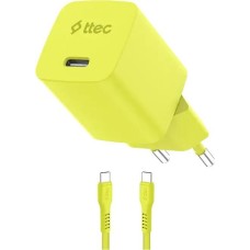 TTEC Сетевое зарядное устройство SmartCharger GAN 45W AVS PD Travel Fast Charger с кабелем USB-C - USB-C 3A. Длина кабеля: 120см. Цвет: неоновый желтый