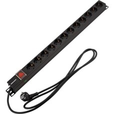 REXANT Блок распределения питания PDU вертикальный 12 розеток СЕЕ 7/4 Schuko 16A выкл алюм корп шнур 2м вилка СЕЕ 7/7 Schuko черный