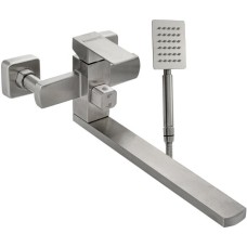 МАГНУС - Смеситель для ванны, длинный излив, шаровый, с дивертором на корпусе, квадратный корпус, из нержавеющей стали марки 304, цвет САТИН. 9227