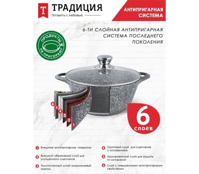 Кастрюля ТРАДИЦИЯ ТМ5233 а/пр литая 3,0л стекл/кр Мрамор