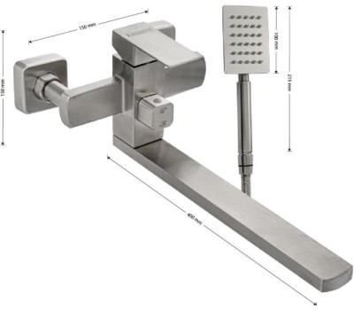 МАГНУС - Смеситель для ванны, длинный излив, шаровый, с дивертором на корпусе, квадратный корпус, из нержавеющей стали марки 304, цвет САТИН. 9227