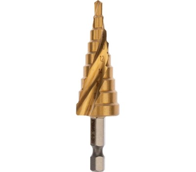 Сверло KRANZ (KR-12-6616) Сверло ступенчатое, 6-8-10-12-14-16-18-20-22-24-26-28-30мм, Р6М5, ТИТАН, трехгр.хвостовик