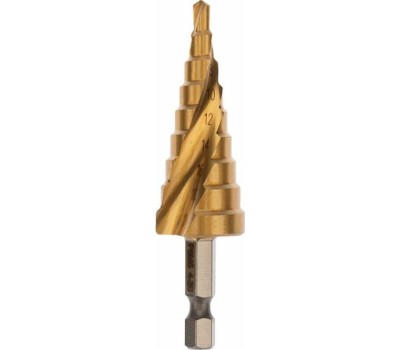 Сверло KRANZ (KR-12-6616) Сверло ступенчатое, 6-8-10-12-14-16-18-20-22-24-26-28-30мм, Р6М5, ТИТАН, трехгр.хвостовик