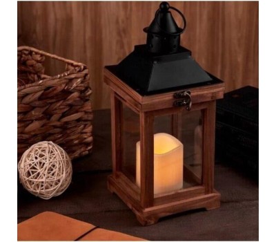 NEON-NIGHT Фонарь декоративный со свечкой, корпус из дерева, коричневый, 15х15х38cм, теплый белый
