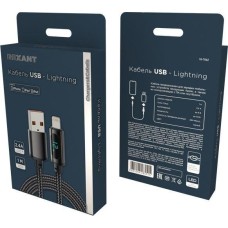 Кабель REXANT (18-7062) USB-A - Lightning 2,4А, 1м, в черной нейлоновой оплетке, c LED дисплеем