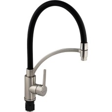 МАГНУС - Смеситель для кухни, гибкий чёрный излив с фиксацией, корпус из нержавеющей стали марки SUS 304, цвет САТИН. 9421