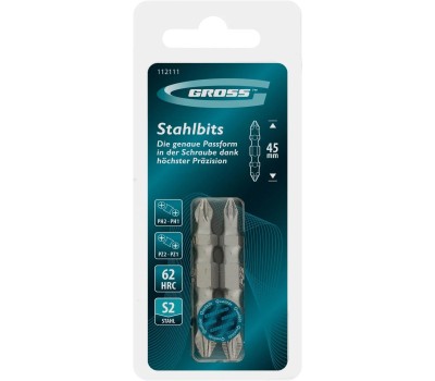 Набор бит GROSS Набор бит двухстор., PH2-PH1х45мм, PZ2-PZ1х45мм, сталь S2, 2 шт.//