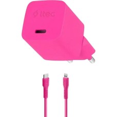 TTEC Сетевое зарядное устройство SmartCharger GAN 20W PD USB-C Travel Fast Charger с кабелем USB-C - Lightning. Длина кабеля: 120 см. Цвет: неоновый розовый
