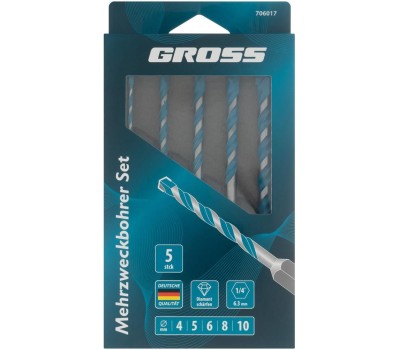 GROSS Набор сверл универсальных, Multipurpose PRO, 6-гр. хвостовик, 4-10мм, 5шт 706017