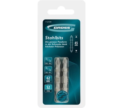 Набор бит GROSS Набор бит двухстор., PH2-PH2х45мм, PZ2-PZ1х45мм, сталь S2, 2 шт.//