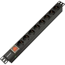 REXANT Блок распределения питания PDU горизонтальный 1U 8 розеток СЕЕ 7/4 Schuko 10A выкл алюм корп гнездо C14 черный