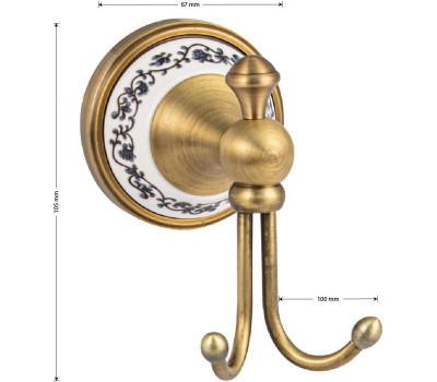Аксессуары для ванной комнаты и туалета BRIMIX 94114 Крючок двойной на основании, цвет БРОНЗА, с керамической вставкой с орнаментом