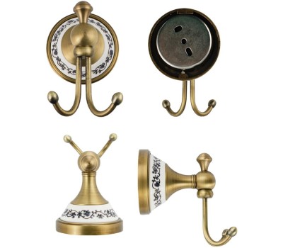 Аксессуары для ванной комнаты и туалета BRIMIX 94114 Крючок двойной на основании, цвет БРОНЗА, с керамической вставкой с орнаментом