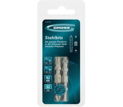 Набор бит GROSS Набор бит двухстор., PH2-T30х45мм, PZ2-H4х45мм, сталь S2, 2 шт.//