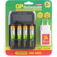 GP AA Аккумуляторная батарейка + Зарядное устройство PowerBank 270AAHCMHSPBA-2CR4, 4 шт. 2700мAч