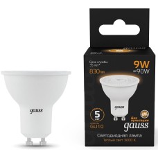 GAUSS Лампа светодиодная 101506109 9Вт цок.:GU10 рефлек. 150B св.свеч.бел.теп. MR16 (упак.:1шт)