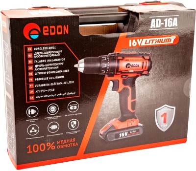 Дрель-шуруповёрт EDON AD-16A черный/красный 15424 16В, 2аккум